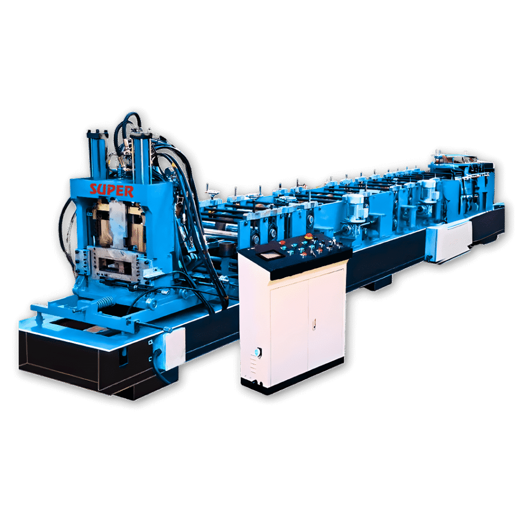 Automated purlin roll forming machine producing C and Z steel purlins in an Indian manufacturing unit