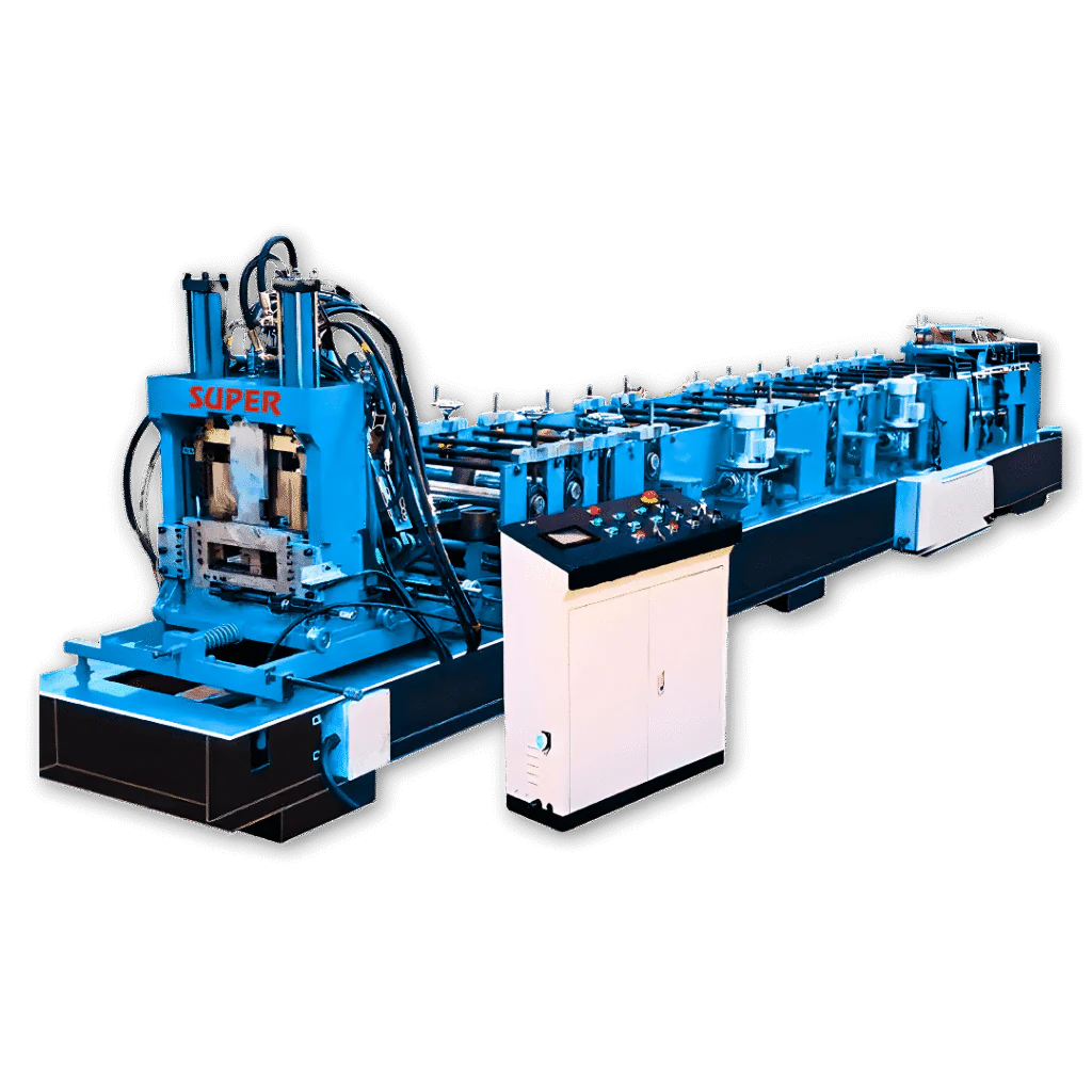 Automated purlin roll forming machine producing C and Z steel purlins in an Indian manufacturing unit